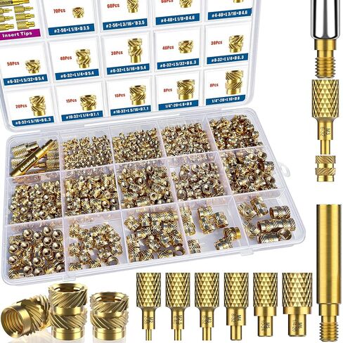 513Pcs SAE Threaded Inserts, #2-56#4-40#6-32#8-32#10-32 1/4"-20 Female Thread Knurled Nuts Assortment Kit, Brass Heat Set Insert for Plastic and 3D Printing Components in Kuwait