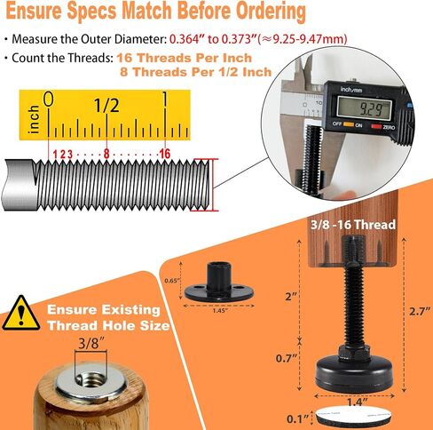 NEWBYTEK 3/8"-16 Heavy Duty Furniture Leveling Feet, 3-Hole T-Nuts, 4PK | Fix wobbly workbenches on sloped garages with 1320LB support, 1.4" nylon base & felt pads protect hardwoods from scratches. in Kuwait