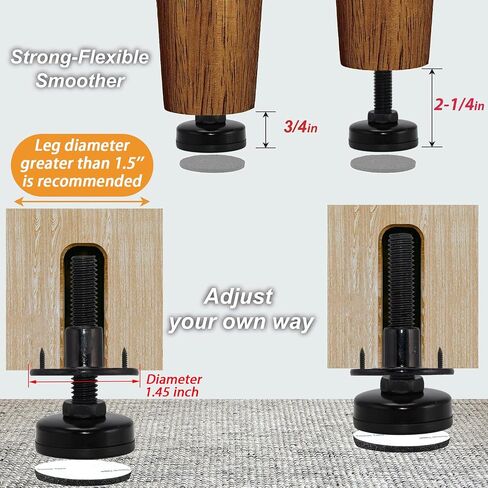 NEWBYTEK 3/8"-16 Heavy Duty Furniture Leveling Feet, 3-Hole T-Nuts, 4PK | Fix wobbly workbenches on sloped garages with 1320LB support, 1.4" nylon base & felt pads protect hardwoods from scratches. in Kuwait