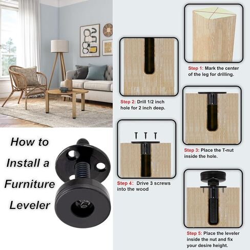 NEWBYTEK 3/8"-16 Heavy Duty Furniture Leveling Feet, 3-Hole T-Nuts, 4PK | Fix wobbly workbenches on sloped garages with 1320LB support, 1.4" nylon base & felt pads protect hardwoods from scratches. in Kuwait