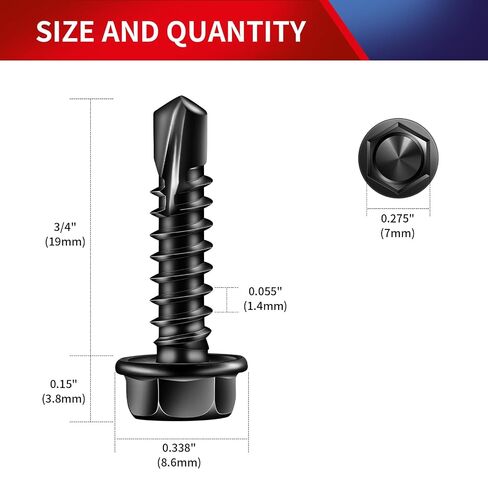 #8 x 3/4" Self Drilling Screws (215Pcs) Hex Washer Head 410 Stainless Steel Self Tapping Screws for Metal Sheet Metal Screws Black Oxide with Hex Socket Included in Kuwait
