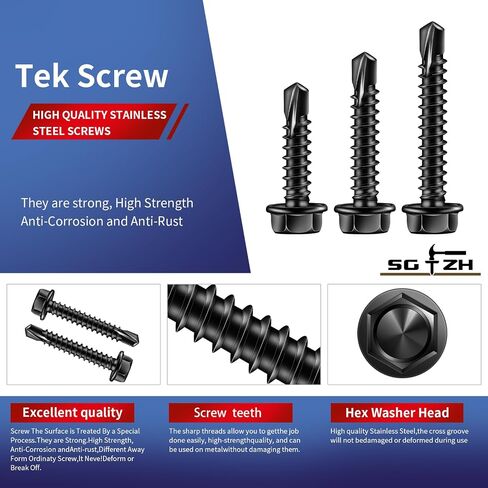#8 x 3/4" Self Drilling Screws (215Pcs) Hex Washer Head 410 Stainless Steel Self Tapping Screws for Metal Sheet Metal Screws Black Oxide with Hex Socket Included in Kuwait