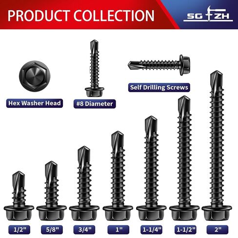#8 x 3/4" Self Drilling Screws (215Pcs) Hex Washer Head 410 Stainless Steel Self Tapping Screws for Metal Sheet Metal Screws Black Oxide with Hex Socket Included in Kuwait