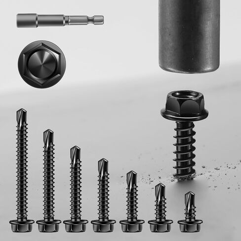 #8 x 3/4" Self Drilling Screws (215Pcs) Hex Washer Head 410 Stainless Steel Self Tapping Screws for Metal Sheet Metal Screws Black Oxide with Hex Socket Included in Kuwait