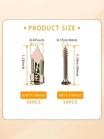 Self Drilling Drywall Anchors with Screws Kit 100Pcs- 50 Sheetrock Anchors 50 Zinc Expansion Screws New Upgraded Zinc Plated Steel No Drill or Holes in Wall,for Wall Hanging,Cabinets,Holds Up to 80LB in Kuwait