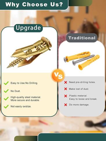 Self Drilling Drywall Anchors with Screws Kit 100Pcs- 50 Sheetrock Anchors 50 Zinc Expansion Screws New Upgraded Zinc Plated Steel No Drill or Holes in Wall,for Wall Hanging,Cabinets,Holds Up to 80LB in Kuwait
