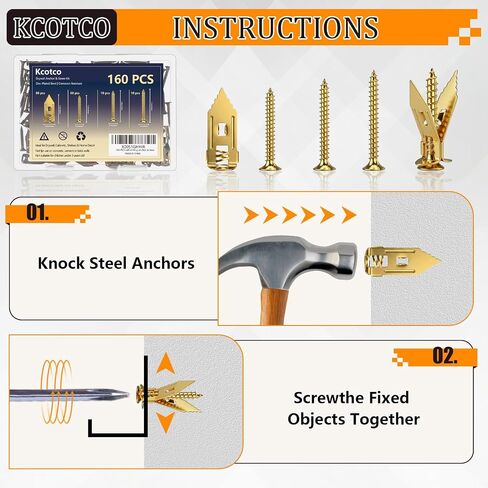 160Pcs Self Drilling Drywall Anchors with Screws Kit，Metal & Heavy Duty Grip Anchors for Wall，Sheetrock， Expansion Anchor Assorted Sizes for Picture Frames，Mirror，Cabinet， Shelves & Home Decor， in Kuwait