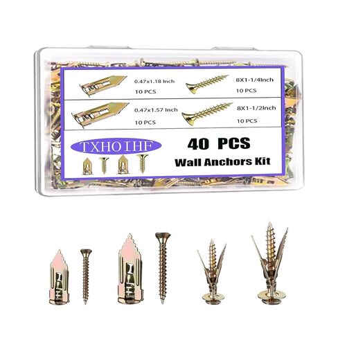 Self Drilling Drywall Anchors with Screws Kit 100Pcs- 50 Sheetrock Anchors 50 Zinc Expansion Screws New Upgraded Zinc Plated Steel No Drill or Holes in Wall,for Wall Hanging,Cabinets,Holds Up to 80LB in Kuwait