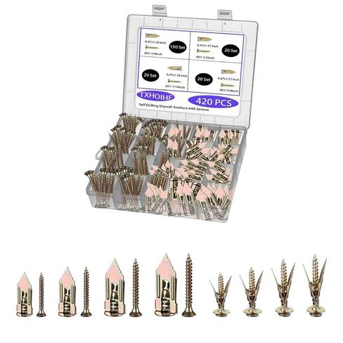 Self Drilling Drywall Anchors with Screws Kit 100Pcs- 50 Sheetrock Anchors 50 Zinc Expansion Screws New Upgraded Zinc Plated Steel No Drill or Holes in Wall,for Wall Hanging,Cabinets,Holds Up to 80LB in Kuwait