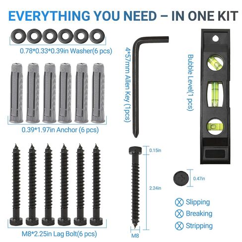 22PCS TV Wall Mount Hardware Kit, M8 Lag Bolt Kit with Anchors, Washers, Bubble Level, Allen Key & 2 Drill Bits, Heavy-Duty TV Mounting Screws for Wood Stud, Brick & Concrete in Kuwait