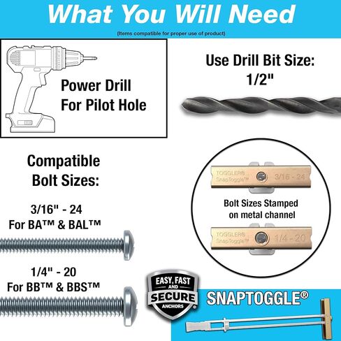 TOGGLER SNAPTOGGLE Drywall Anchors & Heavy-Duty Toggle Bolts with Included Zinc-Plated Bolts – 1/4"-20 & 3/16"-24 UNC for Hollow Walls, Plaster & Tile – 20 & 10 Pack Combo in Kuwait
