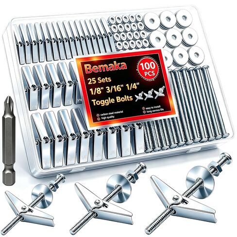 100Pcs Toggle Bolts Drywall Anchors Kit, 25 Sets 1/8" 3/16" 1/4" Heavy Duty Hollow Wall Anchors with Nuts, Washers and Drill Bit, for Hanging Shelves, Mirrors, TV Mounts, Artwork on Drywall in Saudi Arabia