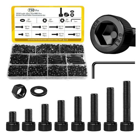 M3 Screws Assortment Kit 750PCS, Hex Socket Head Bolts Nuts Washers Set, 12.9 Alloy Steel Black Zinc Plated Screw for 3D in Kuwait