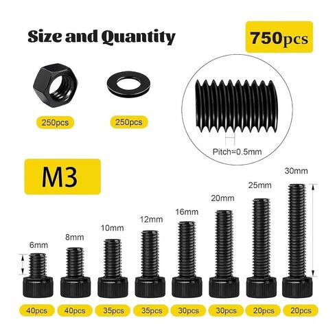 M3 Screws Assortment Kit 750PCS, Hex Socket Head Bolts Nuts Washers Set, 12.9 Alloy Steel Black Zinc Plated Screw for 3D in Kuwait