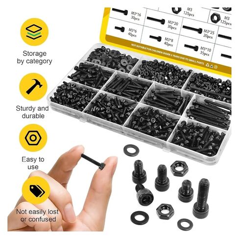M3 Screws Assortment Kit 750PCS, Hex Socket Head Bolts Nuts Washers Set, 12.9 Alloy Steel Black Zinc Plated Screw for 3D in Kuwait