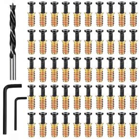 50 قطعة 1/4"-20x15 مم إدراجات مترابطة للخشب + 20 قطعة 1/4-20 x 1-1/4" مسمار + 30 قطعة 1/4-20 x 3/4" مسمار، برغي أثاث، صامولة محرك مقبس سداسي، حشوات خشبية ملولبة مع مثقاب 9 مم ومفتاح ربط سداسي in Kuwait