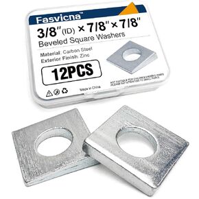 12 Pack 3/8"(ID) Beveled Square Washers 7/8 x 7/8 Inch, 2.2 to 5 mm Thickness Carbon Steel Wedge Washers for Channel Steel, I-Beam, Shim Leveling & Structural Fastening in Kuwait