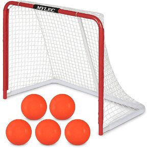 Mylec Steel Junior Hockey Goal 52" x 43" with Sleeve Net System + 6-Pack No-Bounce Street Hockey Balls, Durable Indoor/Outdoor Net for Roller & Street Hockey Training in Kuwait