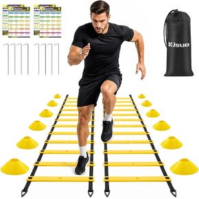 2 Pack 20ft Agility Ladder Set, 40ft Total Adjustable Speed Ladder with 12 Cones, 8 Stakes, 1 Carry Bag - Parallel Footwork Drills Gear for Football Soccer Basketball Training Equipment in Kuwait