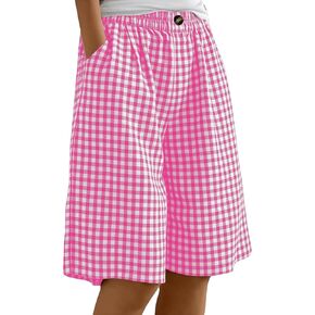Women's Plaid Linen Bermuda Shorts Elastic Waist Lightweight Short Pant Summer Casual Loose Wide Leg Going Out Shorts in Kuwait