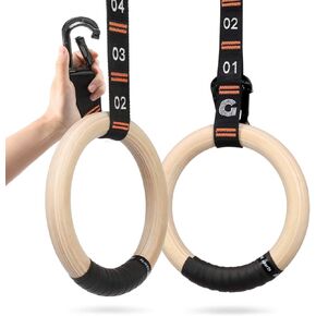 Gonex Wooden Gymnastic Rings with Adjustable Number Straps, Olympic Rings for Gym, Workout, Exercise, Outdoor Training, Quick Install Carabiner, 8.7 ft Straps Pull Up Non-Slip Rings in Kuwait