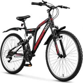 دراجة جبلية مقاس 24/26 بوصة للرجال والنساء، نظام تعليق كامل 21 سرعة MTB، إطار فولاذي عالي الكربون، عجلة أمامية سريعة التحرير، مصدات مزدوجة، سهلة التجميع، دراجة للممر والركاب in Kuwait