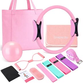 11 Pcs Pink Yoga Accessories Set for Women, Home Pilates Essential Kit for Workout Gym Lover Gifts with Yoga Mat Magic Circle Tote Bag 3 Resistance Bands Strap Socks Towel Ball TPE Loop in Kuwait
