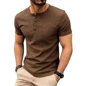 Shirts for Men Crew Neck Short Sleeve Button Placket Tops Soft Lightweight Summer Casual Fashion for Daily Outdoor in Kuwait