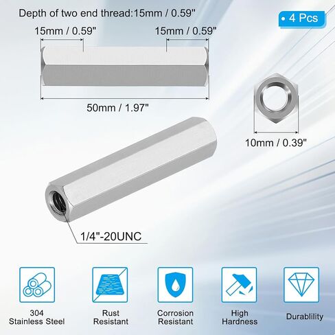 PATIKIL 1/4"-20 UNC 304 صواميل توصيل سداسية من الفولاذ المقاوم للصدأ، 4 قطع 2 بوصة طول قضيب ملولب بالكامل صواميل موصل تثبيت، لون فضي in Kuwait