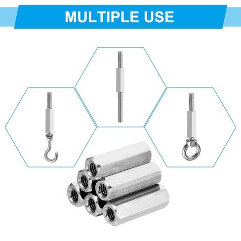 PATIKIL 1/4"-20 UNC 304 صواميل توصيل سداسية من الفولاذ المقاوم للصدأ، 4 قطع 2 بوصة طول قضيب ملولب بالكامل صواميل موصل تثبيت، لون فضي in Kuwait