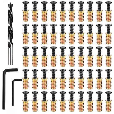 50 قطعة 1/4"-20x15 مم إدراجات مترابطة للخشب + 20 قطعة 1/4-20 x 1-1/4" مسمار + 30 قطعة 1/4-20 x 3/4" مسمار، برغي أثاث، صامولة محرك مقبس سداسي، حشوات خشبية ملولبة مع مثقاب 9 مم ومفتاح ربط سداسي in Saudi Arabia