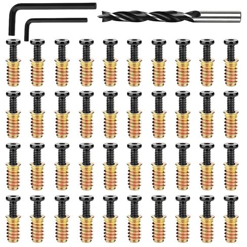 50 قطعة 1/4"-20x15 مم إدراجات مترابطة للخشب + 20 قطعة 1/4-20 x 1-1/4" مسمار + 30 قطعة 1/4-20 x 3/4" مسمار، برغي أثاث، صامولة محرك مقبس سداسي، حشوات خشبية ملولبة مع مثقاب 9 مم ومفتاح ربط سداسي in Saudi Arabia