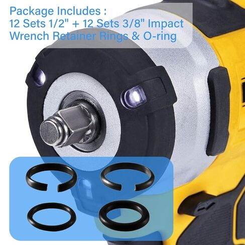 (12+12 Sets) 1/2" and 3/8" Impact Retaining Ring Clip Friction Ring with O-Ring for Electric/Pneumatic Type Impact Wrench, Retainer Ring Anvil Install Tool Included in Kuwait
