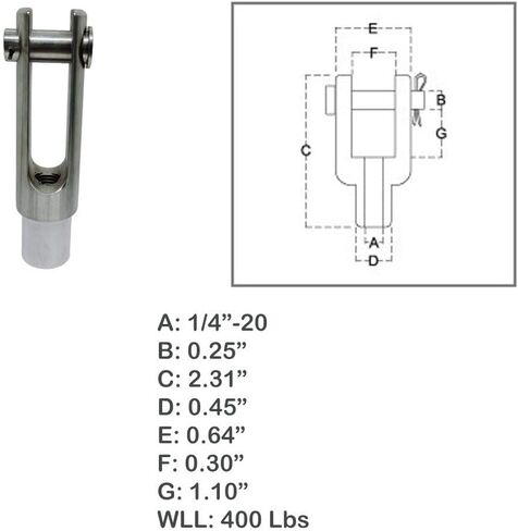 Marine 1/4"-20 Right Handed Threaded Yoke End 500Lb WLL Stainless Steel 316 4Pcs in Kuwait