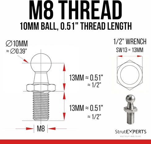 M8 Ball Stud 10mm (3/8") for Lift Supports – Gas Strut End Fitting, 1/2" Thread Length, Zinc Plated Steel Ball Joint, Replacement for Cabinets, RV, Toolbox (4 Pack) in Kuwait