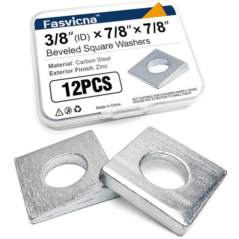 12 Pack 3/8"(ID) Beveled Square Washers 7/8 x 7/8 Inch, 2.2 to 5 mm Thickness Carbon Steel Wedge Washers for Channel Steel, I-Beam, Shim Leveling & Structural Fastening in Kuwait