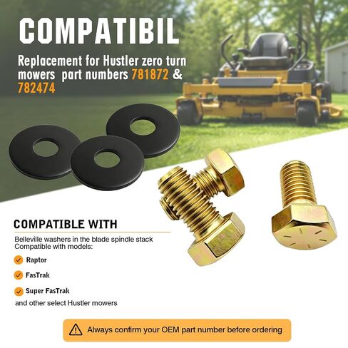 YunGlee Deck Spindle Blade Bolt & Belleville Spring Washer, Replacement for Hustler 781872 782474 and 602680 Compatible with Hustler Super Z & Mini Big-Dog FasTrak X-One XR-7 Raptor SD/SDX (3 Sets) in Kuwait