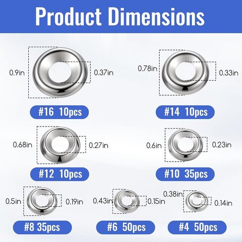 200 Pcs Finish Washers Countersunk Washers 7 Sizes Stainless Steel Cup Assortment(#4#6#8#10#12#14#16, Silver) in Saudi Arabia
