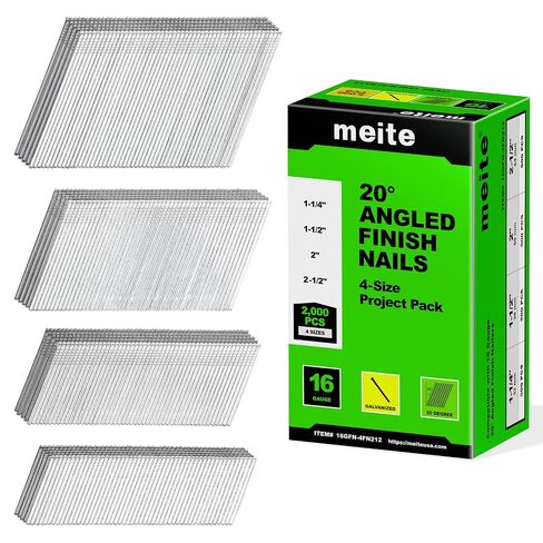 meite 16 Gauge Finish Nails Multi-Size Set 2,000PCS Galvanized 20 Degree Angled Finish Nails for Pneumatic Cordless Finish Nailer, 16GA Trim Nails (2-1/2", 2", 1-1/2", 1-1/4", 500 Per Sizes) in Saudi Arabia