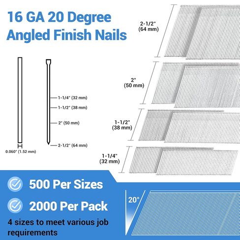 meite 16 Gauge Finish Nails Multi-Size Set 2,000PCS Galvanized 20 Degree Angled Finish Nails for Pneumatic Cordless Finish Nailer, 16GA Trim Nails (2-1/2", 2", 1-1/2", 1-1/4", 500 Per Sizes) in Saudi Arabia