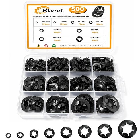 500PCS Internal Tooth Star Lock Washers Assortment Kit, Carbon Steel Black Oxide Push on Locking Washer Set, M2.5 M3 M4 M5 M6 M8 M10 M12 Push Nuts. in Kuwait