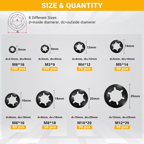 500PCS Internal Tooth Star Lock Washers Assortment Kit, Carbon Steel Black Oxide Push on Locking Washer Set, M2.5 M3 M4 M5 M6 M8 M10 M12 Push Nuts. in Kuwait