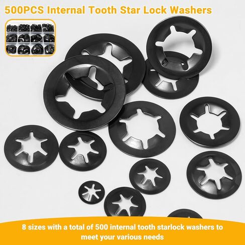 500PCS Internal Tooth Star Lock Washers Assortment Kit, Carbon Steel Black Oxide Push on Locking Washer Set, M2.5 M3 M4 M5 M6 M8 M10 M12 Push Nuts. in Kuwait