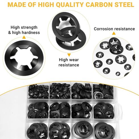 500PCS Internal Tooth Star Lock Washers Assortment Kit, Carbon Steel Black Oxide Push on Locking Washer Set, M2.5 M3 M4 M5 M6 M8 M10 M12 Push Nuts. in Kuwait