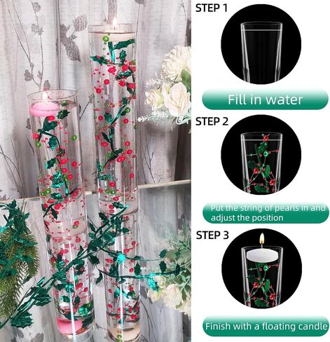 12pcs Pearl String for Floating Candles Centerpiece, Green Faux Pearl Beads Vase Filler for Home Wedding Table Christmas Decor Centerpiece (Green) in Saudi Arabia