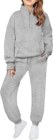 Moonker Girls Boy Half Zip 2 Piece Outfits Sweatsuit Cute Preppy Sweatshirt Sweatpants Set Athletic Sports Running Activewear in Kuwait