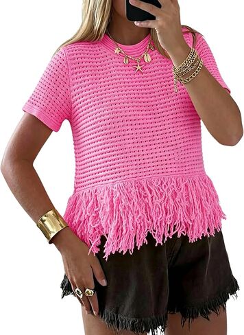 PUWEI Womens Short Sleeve Fringe Tops Crew Neck Boho Crochet Cropped Tops Summer Trendy Knit Sweater (Pink-XL) in Kuwait