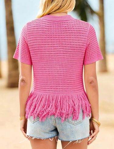 PUWEI Womens Short Sleeve Fringe Tops Crew Neck Boho Crochet Cropped Tops Summer Trendy Knit Sweater (Pink-XL) in Kuwait