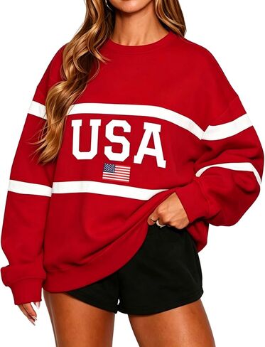 LEEDYA Womens USA Sweatshirt Crewneck American Flag Sweater Oversized Long Sleeve Pullover Tops 4th of July Outfits Shirts in Kuwait