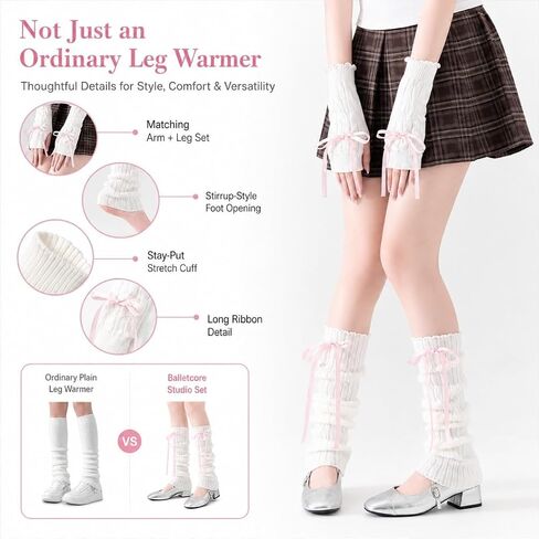 Y2K Coquette Bow Leg & Arm Warmers Ribbed Knit Set Retro Socks and Gloves for Pilates Dance Casual Balletcore Wear in Saudi Arabia